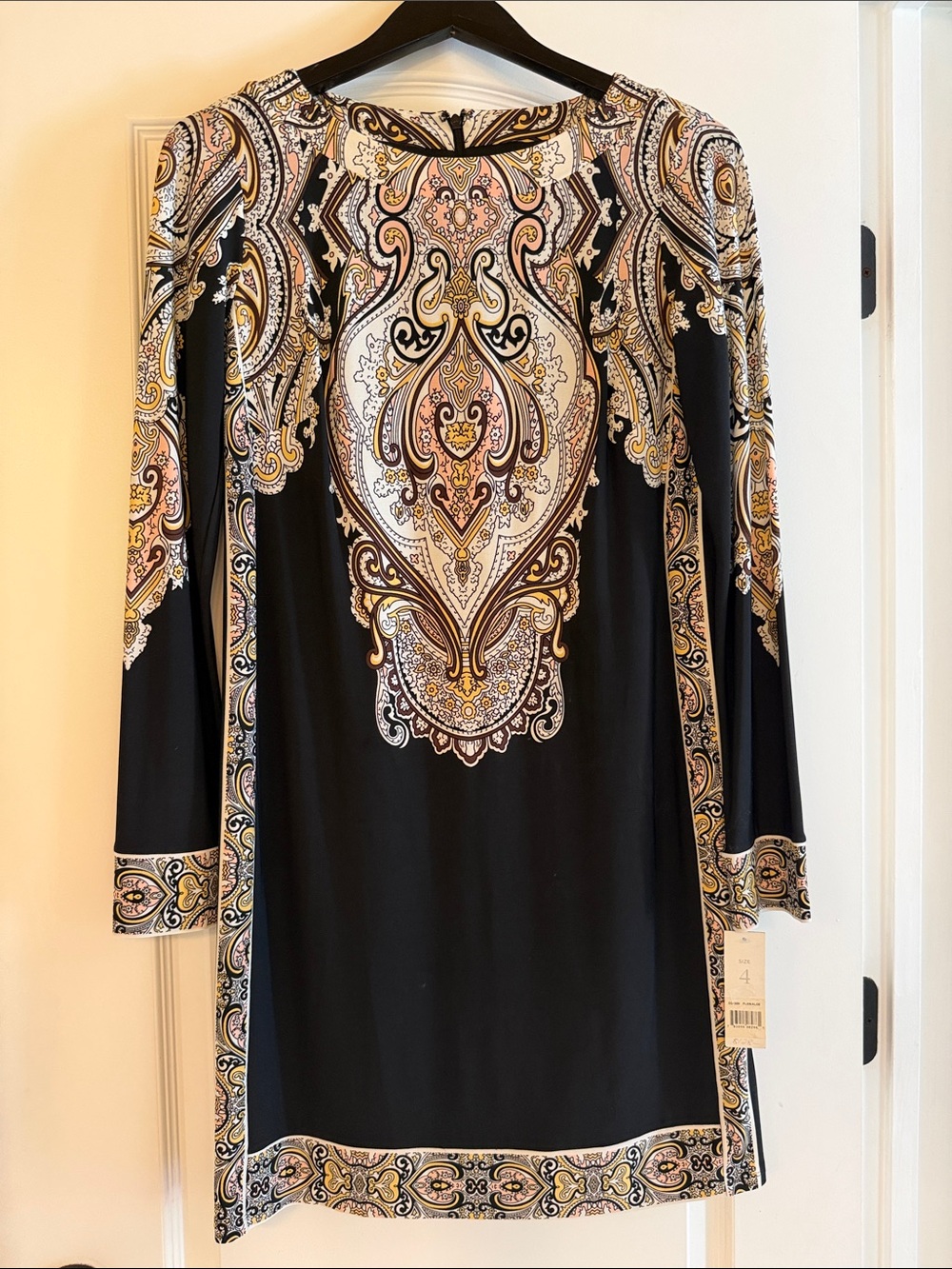 Donna Morgan Black Shift Dress with Gold and Cream Paisley